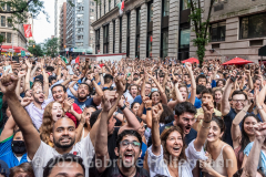 A few hundred Italy fans cheer on their Azzurri in the Euro Cup 2020 final against England outside Ribalta Italian restaurant on E12th Street in New York City on July 11, 2021. Italy beat the Three Lions 3-2 on penalties after a 1-1 draw. (Photo by Gabriele Holtermann/Sipa USA)
