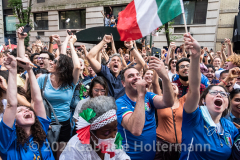 A few hundred Italy fans cheer on their Azzurri in the Euro Cup 2020 final against England outside Ribalta Italian restaurant on E12th Street in New York City on July 11, 2021. Italy beat the Three Lions 3-2 on penalties after a 1-1 draw. (Photo by Gabriele Holtermann/Sipa USA)