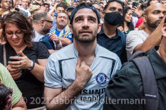 A few hundred Italy fans cheer on their Azzurri in the Euro Cup 2020 final against England outside Ribalta Italian restaurant on E12th Street in New York City on July 11, 2021. Italy beat the Three Lions 3-2 on penalties after a 1-1 draw. (Photo by Gabriele Holtermann/Sipa USA)
