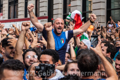 Italian fans celebrate the Euro Cup 2020 win of their Azzurri against England outside Ribalta Italian restaurant on E12th Street in New York City on July 11, 2021. Italy beat the Three Lions 3-2 on penalties after a 1-1 draw. (Photo by Gabriele Holtermann/Sipa USA)
