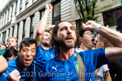 Italian fans celebrate the Euro Cup 2020 win of their Azzurri against England outside Ribalta Italian restaurant on E12th Street in New York City on July 11, 2021. Italy beat the Three Lions 3-2 on penalties after a 1-1 draw. (Photo by Gabriele Holtermann/Sipa USA)