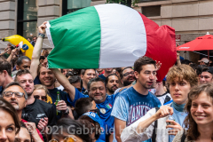 A few hundred Italy fans cheer on their Azzurri in the Euro Cup 2020 final against England outside Ribalta Italian restaurant on E12th Street in New York City on July 11, 2021. Italy beat the Three Lions 3-2 on penalties after a 1-1 draw. (Photo by Gabriele Holtermann/Sipa USA)