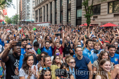 A few hundred Italy fans cheer on their Azzurri in the Euro Cup 2020 final against England outside Ribalta Italian restaurant on E12th Street in New York City on July 11, 2021. Italy beat the Three Lions 3-2 on penalties after a 1-1 draw. (Photo by Gabriele Holtermann/Sipa USA)