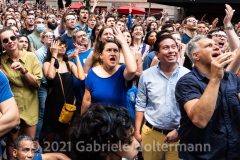 A few hundred Italy fans cheer on their Azzurri in the Euro Cup 2020 final against England outside Ribalta Italian restaurant on E12th Street in New York City on July 11, 2021. Italy beat the Three Lions 3-2 on penalties after a 1-1 draw. (Photo by Gabriele Holtermann/Sipa USA)