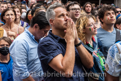 A few hundred Italy fans cheer on their Azzurri in the Euro Cup 2020 final against England outside Ribalta Italian restaurant on E12th Street in New York City on July 11, 2021. Italy beat the Three Lions 3-2 on penalties after a 1-1 draw. (Photo by Gabriele Holtermann/Sipa USA)