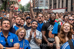 A few hundred Italy fans cheer on their Azzurri in the Euro Cup 2020 final against England outside Ribalta Italian restaurant on E12th Street in New York City on July 11, 2021. Italy beat the Three Lions 3-2 on penalties after a 1-1 draw. (Photo by Gabriele Holtermann/Sipa USA)