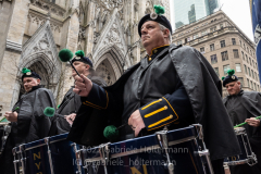 The NYPD Emerald Society Pipes & Drums marches in the St. Patrick's Day Parade in New York, New York, on Mar. 17, 2022.  (Photo by Gabriele Holtermann/Sipa USA)