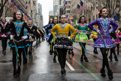 Irish dancers perform outside St. Patrick's Cathedral during the St. Patrick's Day Parade in New York, New York, on Mar. 17, 2022. (Photo by Gabriele Holtermann/Sipa USA)