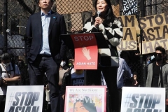 Democratic mayoral candidate Andrew Yang and his wife, Evelyn Yang, speak to people as they take part in a rally against hate at Columbus Park in China Town in New York Members and supporters of the Asian-American community attend a "rally against hate" at Columbus Park in New York City on 21 March 2021. Three massage parlors around Atlanta were targeted March 16, 2021, and a 21-year-old suspect was arrested. Robert Aaron Long faces eight counts of murder and one charge of aggravated assault.