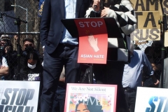 Democratic mayoral candidate Andrew Yang and his wife, Evelyn Yang, speak to people as they take part in a rally against hate at Columbus Park in China Town in New York Members and supporters of the Asian-American community attend a "rally against hate" at Columbus Park in New York City on 21 March 2021. Three massage parlors around Atlanta were targeted March 16, 2021, and a 21-year-old suspect was arrested. Robert Aaron Long faces eight counts of murder and one charge of aggravated assault.