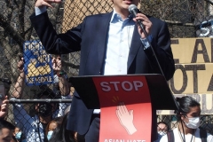 Democratic mayoral candidate Andrew Yang speaks to people as they take part in a rally against hate at Columbus Park in China Town in New York Members and supporters of the Asian-American community attend a "rally against hate" at Columbus Park in New York City on 21 March 2021. Three massage parlors around Atlanta were targeted March 16, 2021, and a 21-year-old suspect was arrested. Robert Aaron Long faces eight counts of murder and one charge of aggravated assault.