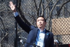 Democratic mayoral candidate Andrew Yang speaks to people as they take part in a rally against hate at Columbus Park in China Town in New York Members and supporters of the Asian-American community attend a "rally against hate" at Columbus Park in New York City on 21 March 2021. Three massage parlors around Atlanta were targeted March 16, 2021, and a 21-year-old suspect was arrested. Robert Aaron Long faces eight counts of murder and one charge of aggravated assault.