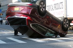 A Honda Accord and a Honda CR-V SUV collided on Amsterdam Avenue and West 113rd Street in Manhattan, causing the SUV to flip over. Witnesses were unsure of the details but say they believe the Honda Accord was going at an excessive speed and the SUV swerved, causing it to flip over. Both drivers were brought to the hospital.
