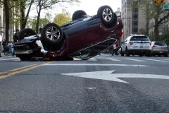 A Honda Accord and a Honda CR-V SUV collided on Amsterdam Avenue and West 113rd Street in Manhattan, causing the SUV to flip over. Witnesses were unsure of the details but say they believe the Honda Accord was going at an excessive speed and the SUV swerved, causing it to flip over. Both drivers were brought to the hospital.