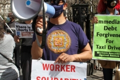 New York-  Taxi Workers alliance workers protest in front of City Hall  asking the Mayor to help curb debt for medallion owners.