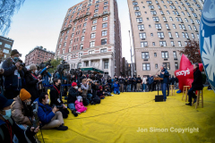 Macy’s Parade Balloon Inflation was held along NYC’s Central Park West on 11/24/21.  Balloons of various colors and sizes were on display to the public This is as an annual event, the night before the Macy’s parade.  Mayor de Blasio attended the event and addresses the press.    Copyright Jon Simon Copyright `Jon Simon