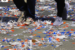 Confetti flies through the air to honor essential workers during the Hometown Heroes Ticker-tape Parade along the Canyon of Heroes on July 7, 2021 in New York. The parade included a variety of different floats, representing the groups of essential workers who served this city heroically throughout the pandemic.
