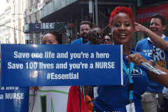 Salute to the HomeTown Heroes Ticker-Tape Parade to honor essential workers. The parade started in Battery Park and made its way up  Broadway (Canyon of Heroes) to City Hall  where NYC Mayor Bill de Blasio greeted them. The City Hall ceremony was modified because of the extreme heat today. The parade  featured 10 bands and 14 specialty vehicles. 
 The floats  departed in the following order, beginning with  
1.     Hospital Workers
2.     Healthcare Workers
3.     Education & Childcare
4.     First Responders
5.     Community Care
6.     City Workers
7.     Advocacy Organizations
8.     Transportation
9.     Hospitality & Building Care
10.  Emergency Food
11.  Communication & Delivery
12.  Small Businesses & Bodega
13.  Utilities
14.  Reinforcements