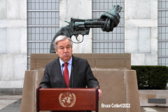 April 19, 2022  United Nations
United Nations Secretary General Antonio Guterres holds a press encounter in front of the peace sculpture on the United Nation grounds. He asking for an Orthodox Holy Week humanitarian pause to the war in the Ukraine.
