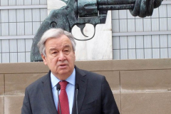 April 19, 2022  United Nations
United Nations Secretary General Antonio Guterres holds a press encounter in front of the peace sculpture on the United Nation grounds. He asking for an Orthodox Holy Week humanitarian pause to the war in the Ukraine.