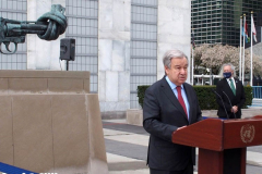 April 19, 2022  United Nations
United Nations Secretary General Antonio Guterres holds a press encounter in front of the peace sculpture on the United Nation grounds. He asking for an Orthodox Holy Week humanitarian pause to the war in the Ukraine.