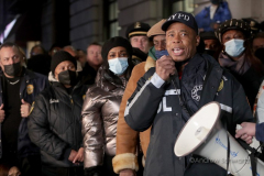 New York City Mayor Eric Adams speaks as hundreds of police officers, FDNY officers and members of the public are gathered outside the 32nd Precinct during a candlelight vigil for two officers that were shot in New York City on January 22, 2022. (Photo by Andrew Schwartz)