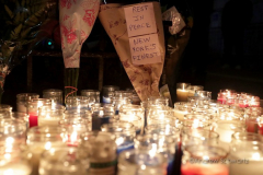 Hundreds of police officers, FDNY officers and members of the public are gathered outside the 32nd Precinct during a candlelight vigil for two officers that were shot in New York City on January 22, 2022. (Photo by Andrew Schwartz)
