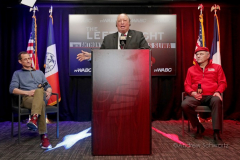 (Center) John Catsimatidis, owner of WABC (AM) Radio introduces (far left) Former-Democratic Congressman from New York City Anthony Weiner and Guardian Angels Founder Curtis Sliwa during a press conference to announce Wiener's and Sliwa's launch of their new radio program “The Left vs. The Right” inside the studios of 77 WABC Radio on Saturday, Feb. 12, 2022 in New York City. All three are are former candidates for the Mayor of New York City. (Photo by Andrew Schwartz)