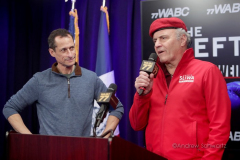 (L-R) Former-Democratic Congressman from New York City Anthony Weiner and Guardian Angels Founder Curtis Sliwa hold a press conference to announce the launch of their new radio program “The Left vs. The Right” inside the studios of 77 WABC Radio on Saturday, Feb. 12, 2022 in New York City. Both men are former candidates for the Mayor of New York City. (Photo by Andrew Schwartz)