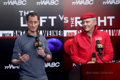(L-R) Former-Democratic Congressman from New York City Anthony Weiner and Guardian Angels Founder Curtis Sliwa hold a press conference to announce the launch of their new radio program “The Left vs. The Right” inside the studios of 77 WABC Radio on Saturday, Feb. 12, 2022 in New York City. Both men are former candidates for the Mayor of New York City. (Photo by Andrew Schwartz)