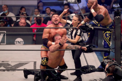 Pictured: Scorpio Sky, Ethan Page and Chris Jericho 
Wrestlers from AEW (All Elite Wrestling) fought each other in the ring under the roof of Arthur Ashe Stadium in Flushing NY on September 22, 2021 during a live televised broadcast of AEW Rampage: Grand Slam. (Photo by Andrew Schwartz)