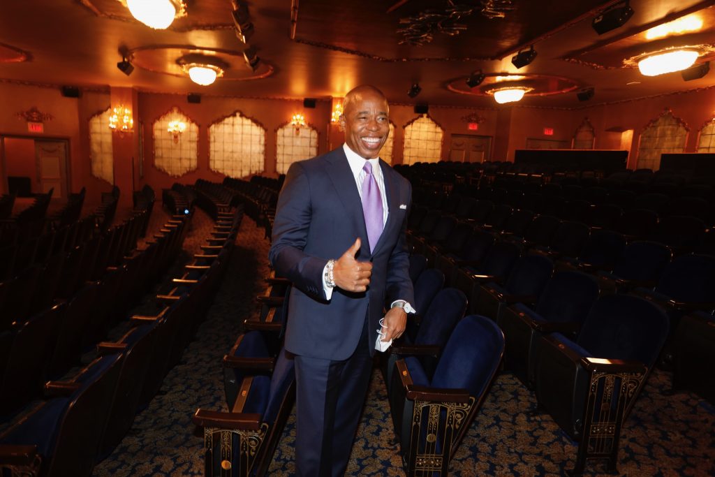 Mayor Eric Adams speaks At the Lunt Fontaine Theater