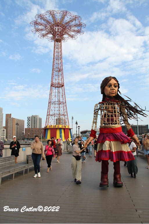 Little Amal Walks on the World Famous Coney Island Boardwalk